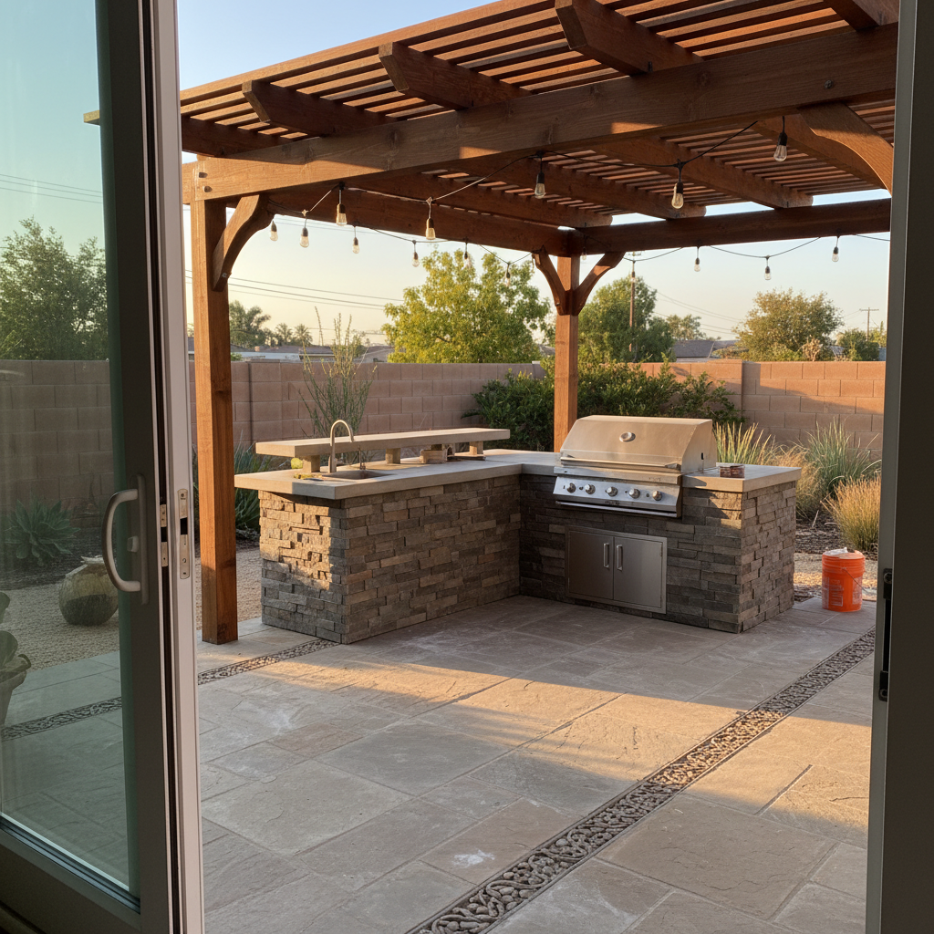 BlackHawk Landscaping outdoor kitchen and pergola installation